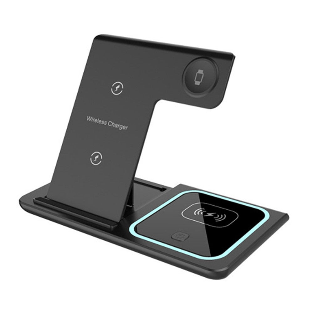 X455 Foldbar 3-i-1 15W Trådløs Oplader Desktop Qi Hurtigopladningsstander Dock til iPhone Android iWatch AirPods