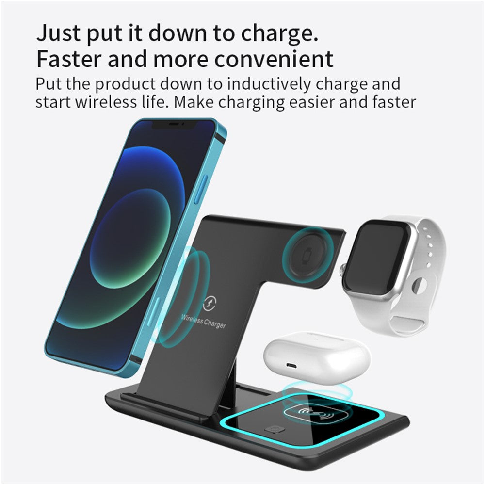 X455 Foldbar 3-i-1 15W Trådløs Oplader Desktop Qi Hurtigopladningsstander Dock til iPhone Android iWatch AirPods