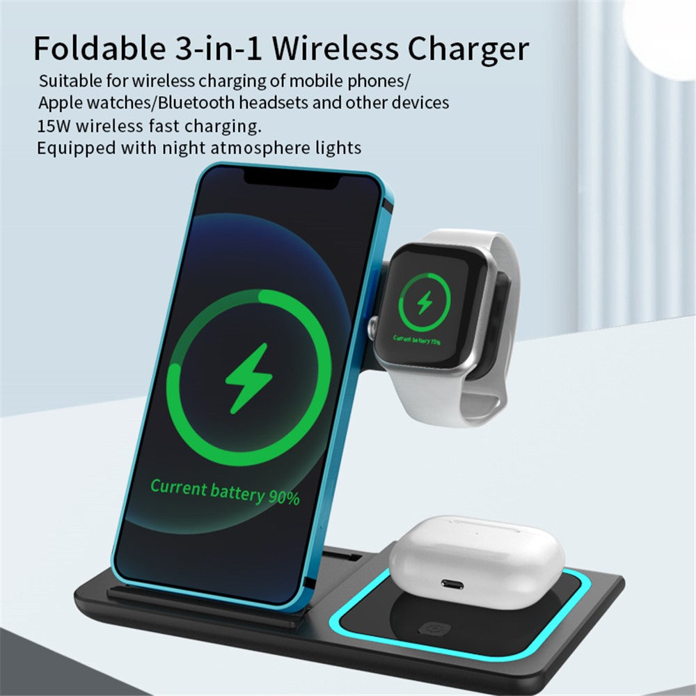 X455 Foldbar 3-i-1 15W Trådløs Oplader Desktop Qi Hurtigopladningsstander Dock til iPhone Android iWatch AirPods