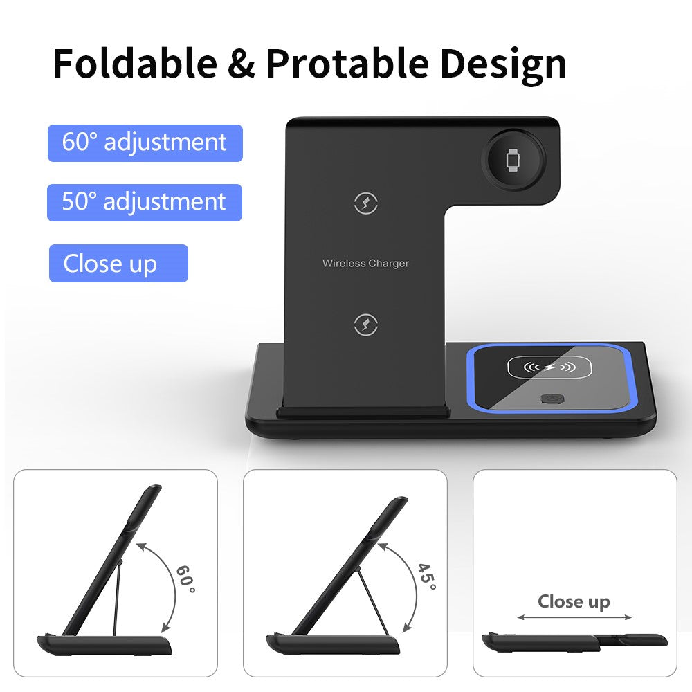 X455 Foldable 3-in-1 15W Wireless Charger Desktop Qi Fast Charging Stand Dock for iPhone Android iWatch AirPods