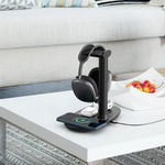 B-15A 4-in-1 Wireless Charger Headset Hanger QC 3.0 Charging Station Headset Holder for Smartphones/Smartwatch/Earbuds/Headset
