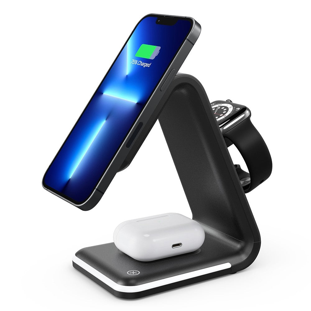 B-17 3-i-1 15W FOD intelligent identificerende trådløs oplader med smart sikkerhedsbeskyttelse, trådløs ladestation til smartphone/smartwatch/hovedtelefoner