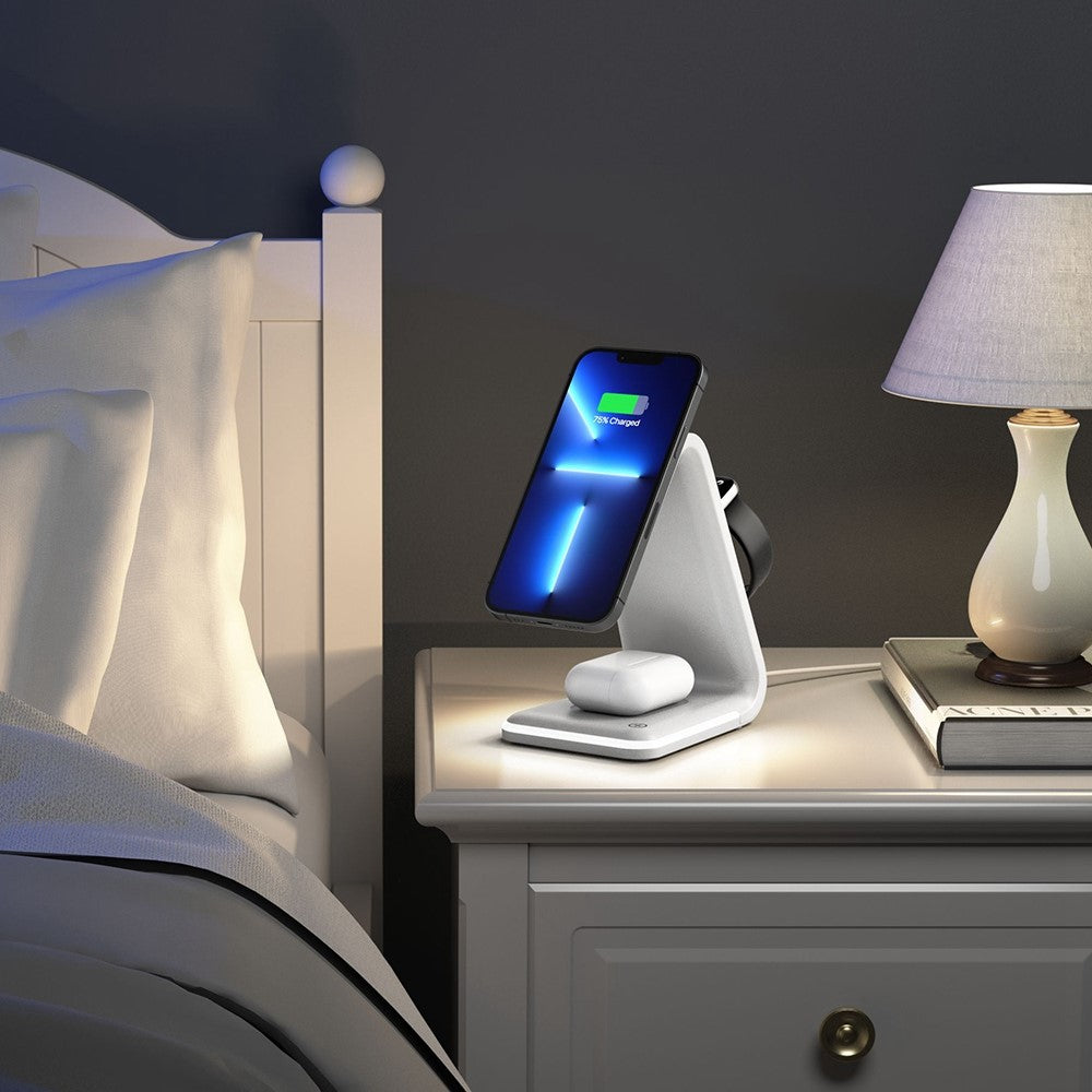B-17 3-i-1 15W FOD intelligent identificerende trådløs oplader med smart sikkerhedsbeskyttelse, trådløs ladestation til smartphone/smartwatch/hovedtelefoner