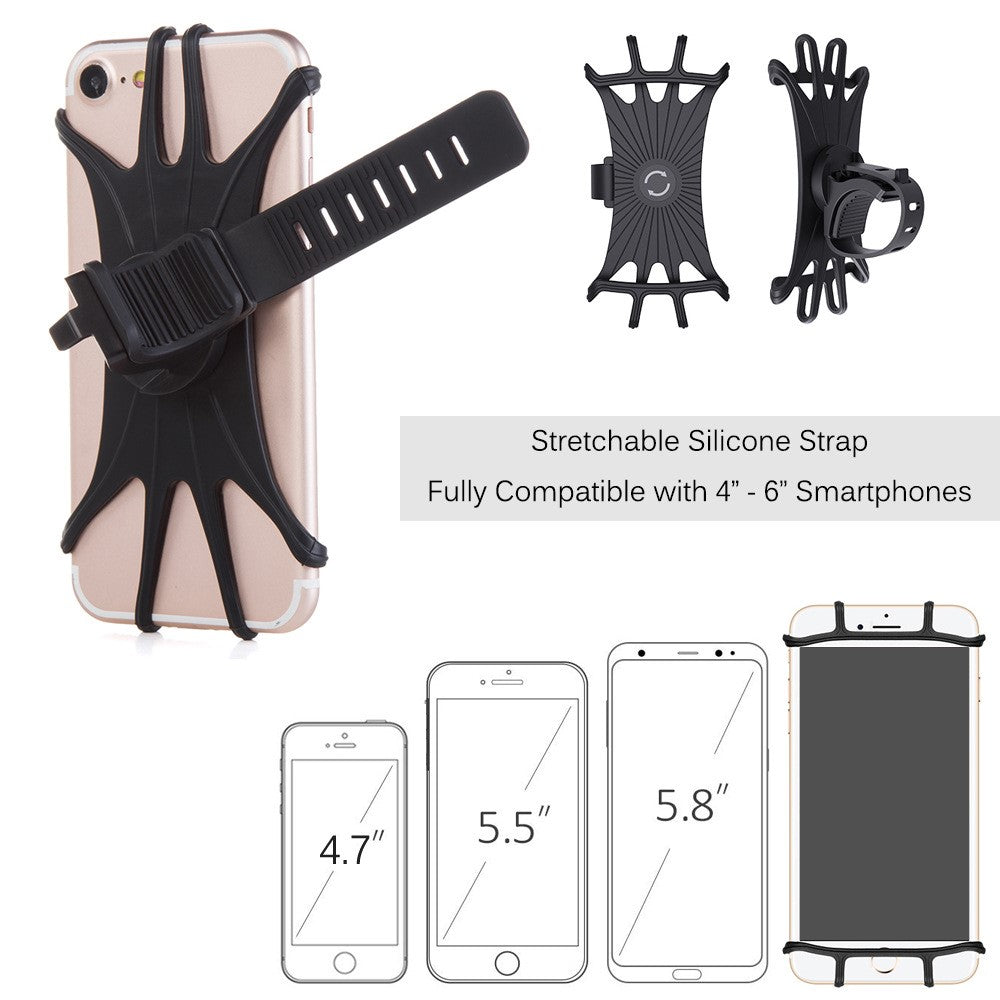 Universal Free Rotating Stretchable Silicone Phone Mount Bicycle Handlebar Cellphone Holder for 4-6 inch Cellphone GPS
