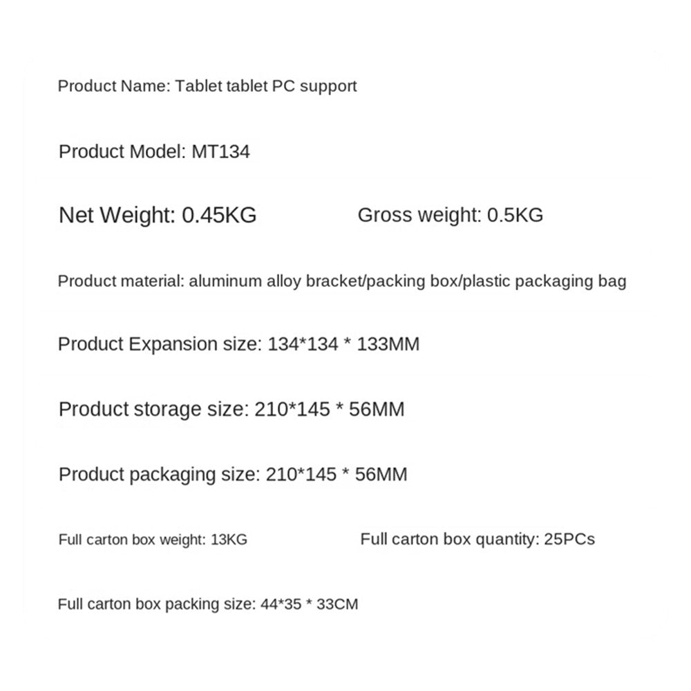 MT-134 Aluminum Alloy Adjustable Tablet Stand Desktop Anti-Slip Folding Tablet Holder