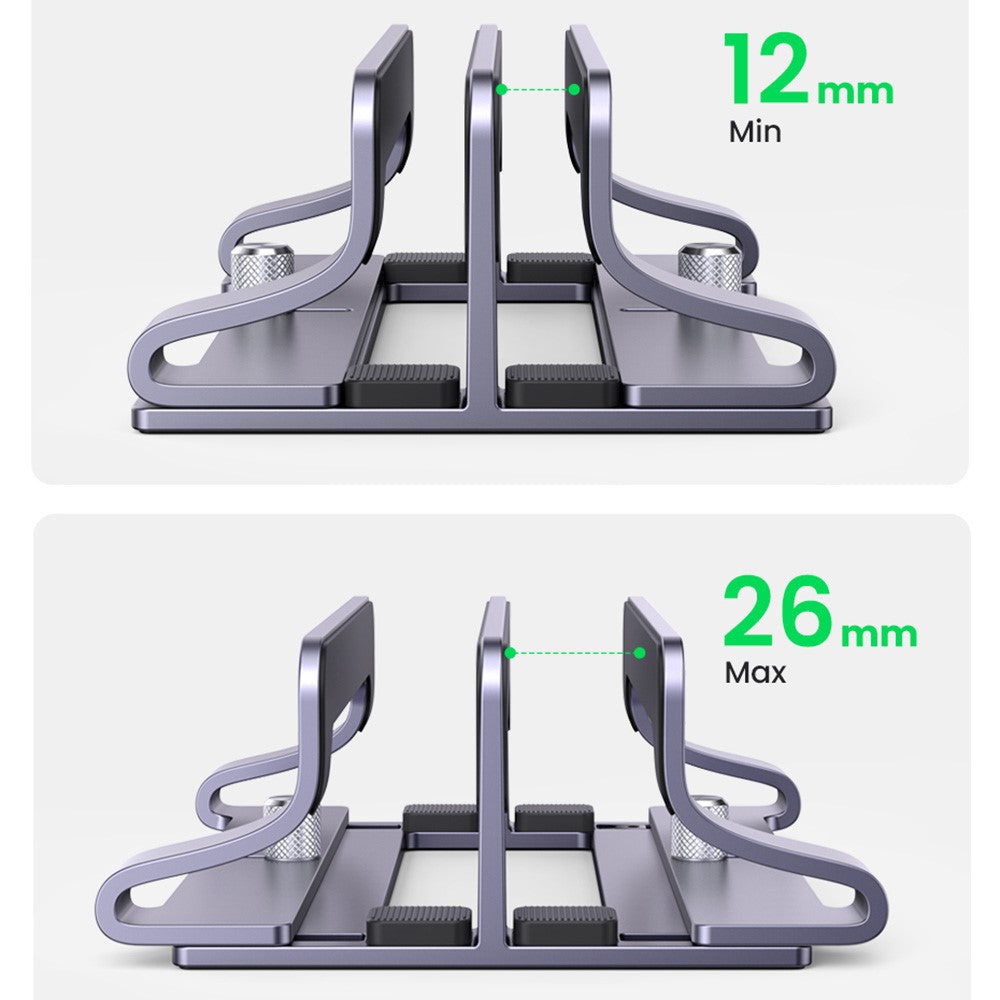 UGREEN 60643 Lodret Skrivebords Laptop Stand Dobbelt Slot Aluminium Tablet Holder til MacBook Air Pro PC Anti-ridse Justerbar Notebook Reol med Silikonepuder