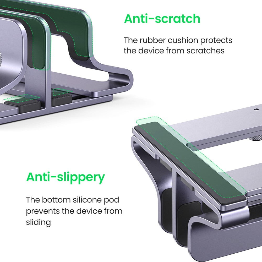 UGREEN 60643 Lodret Skrivebords Laptop Stand Dobbelt Slot Aluminium Tablet Holder til MacBook Air Pro PC Anti-ridse Justerbar Notebook Reol med Silikonepuder