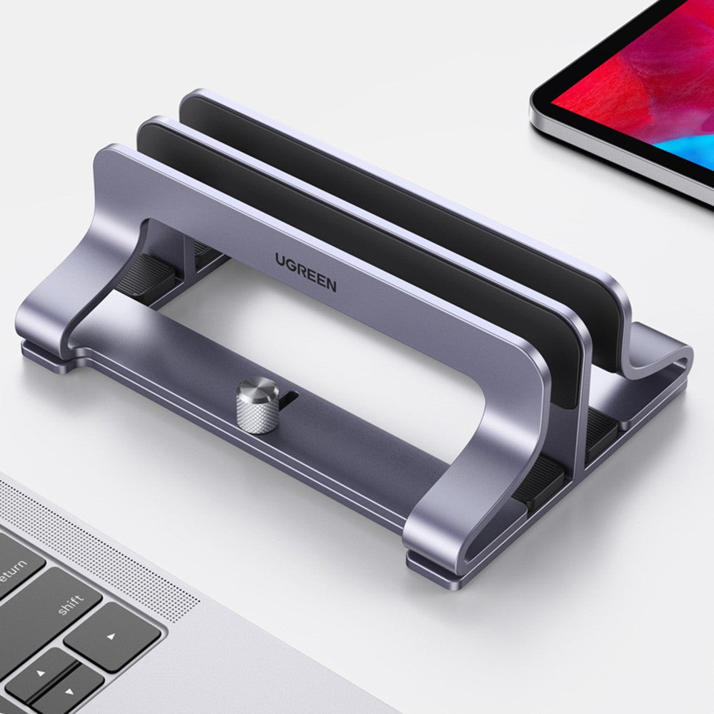 UGREEN 60643 Lodret Skrivebords Laptop Stand Dobbelt Slot Aluminium Tablet Holder til MacBook Air Pro PC Anti-ridse Justerbar Notebook Reol med Silikonepuder