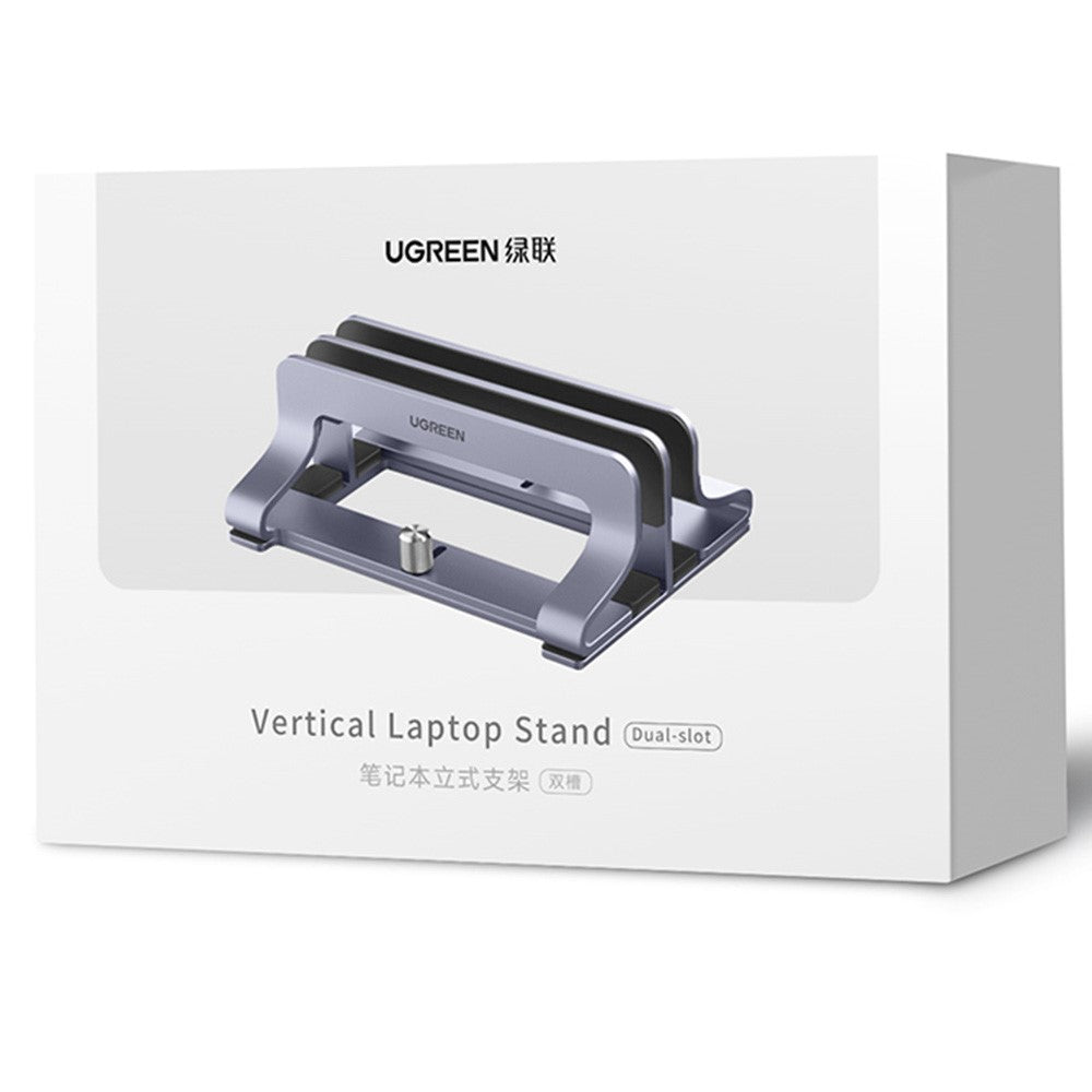 UGREEN 60643 Lodret Skrivebords Laptop Stand Dobbelt Slot Aluminium Tablet Holder til MacBook Air Pro PC Anti-ridse Justerbar Notebook Reol med Silikonepuder