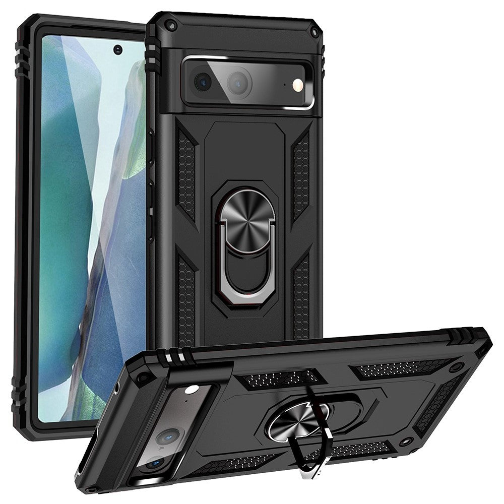 For Google Pixel 7 5G Military Grade Shockproof Anti-Scratch Ring Kickstand PC + TPU Hybrid Phone Case Protector