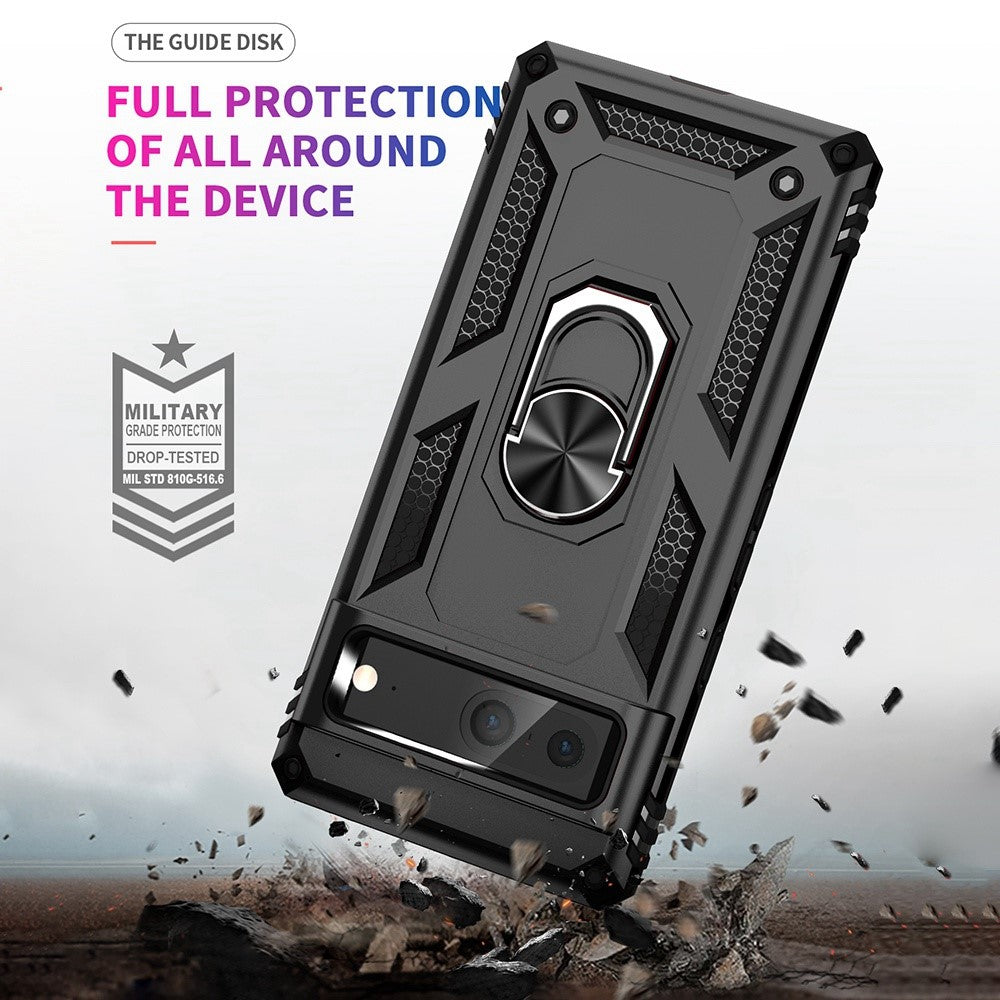 For Google Pixel 7 5G Military Grade Shockproof Anti-Scratch Ring Kickstand PC + TPU Hybrid Phone Case Protector