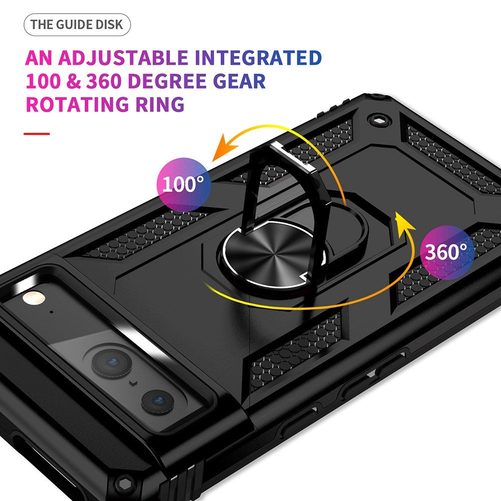 For Google Pixel 7 5G Military Grade Shockproof Anti-Scratch Ring Kickstand PC + TPU Hybrid Phone Case Protector