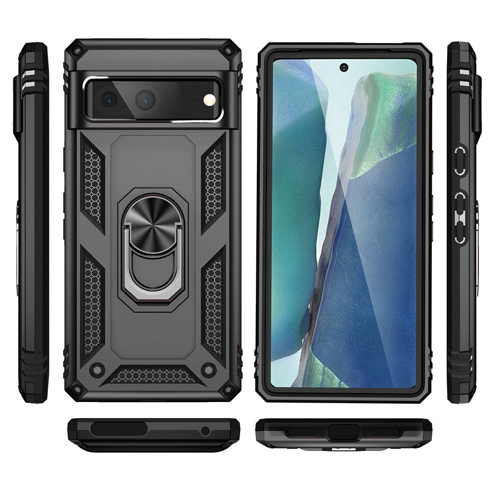 For Google Pixel 7 5G Military Grade Shockproof Anti-Scratch Ring Kickstand PC + TPU Hybrid Phone Case Protector