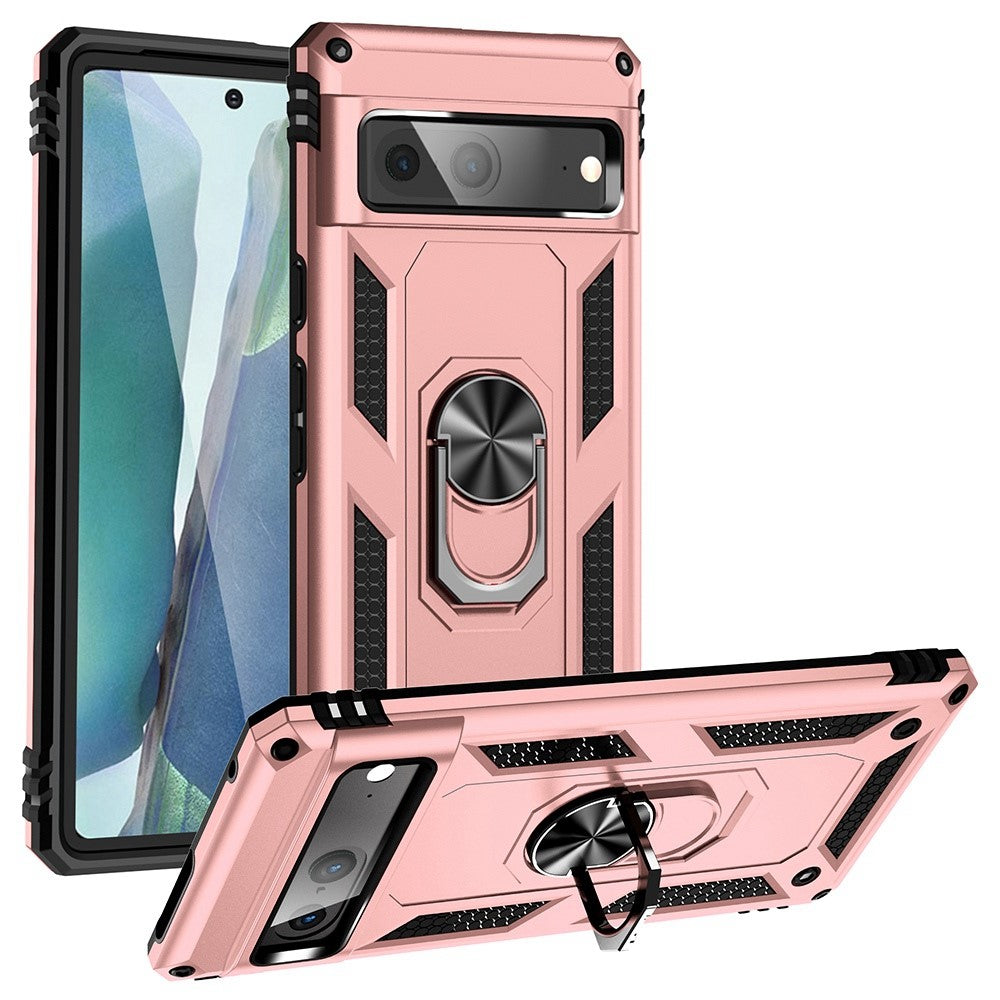For Google Pixel 7 5G Military Grade Shockproof Anti-Scratch Ring Kickstand PC + TPU Hybrid Phone Case Protector