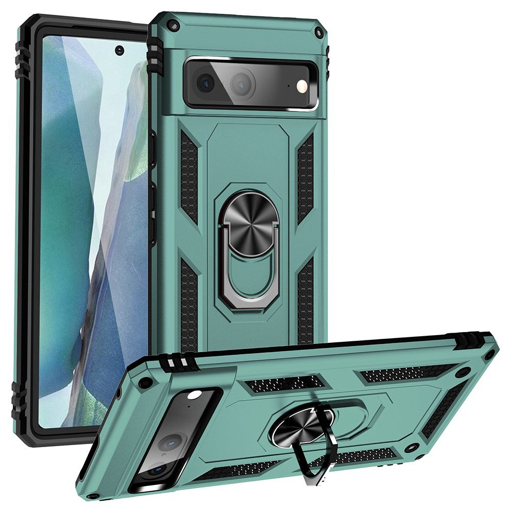 For Google Pixel 7 5G Military Grade Shockproof Anti-Scratch Ring Kickstand PC + TPU Hybrid Phone Case Protector