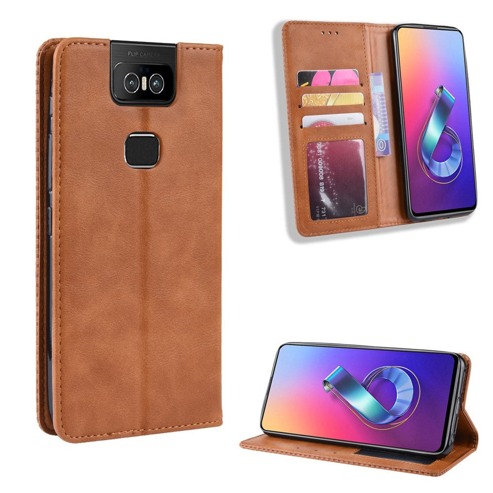 Plånboksfodral i PU-läder i vintagestil för Asus Zenfone 6 ZS630KL/Zenfone 6z/Zenfone 6 2019