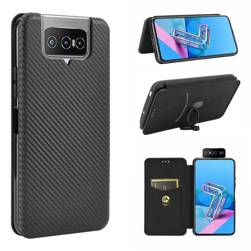 Självabsorberande läderfodral med stativ och kolfibertextur och kortplats för Asus Zenfone 7 ZS670KS/7 Pro ZS671KS