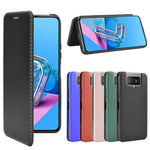 Självabsorberande läderfodral med stativ och kolfibertextur och kortplats för Asus Zenfone 7 ZS670KS/7 Pro ZS671KS
