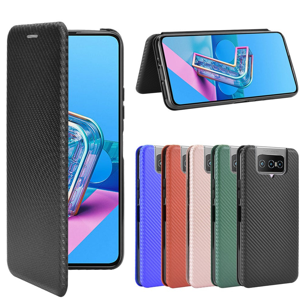 Självabsorberande läderfodral med stativ och kolfibertextur och kortplats för Asus Zenfone 7 ZS670KS/7 Pro ZS671KS
