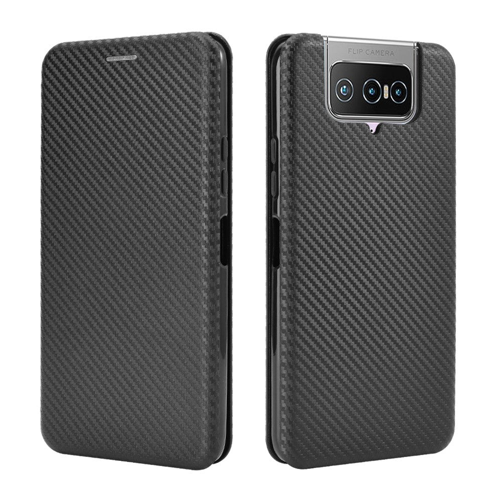 Självabsorberande läderfodral med stativ och kolfibertextur och kortplats för Asus Zenfone 7 ZS670KS/7 Pro ZS671KS
