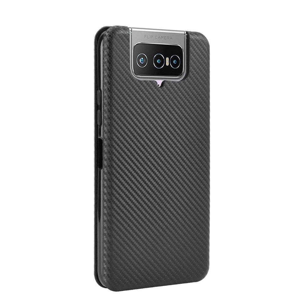 Självabsorberande läderfodral med stativ och kolfibertextur och kortplats för Asus Zenfone 7 ZS670KS/7 Pro ZS671KS