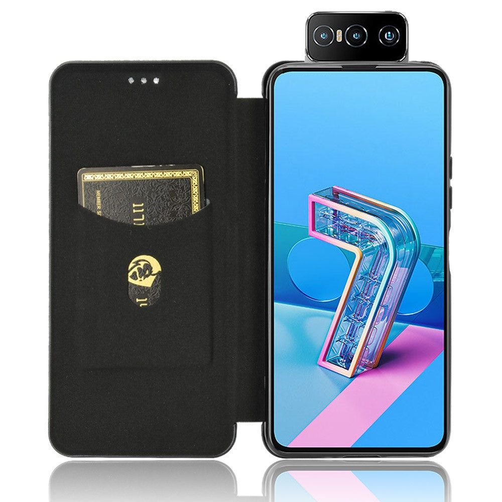 Självabsorberande läderfodral med stativ och kolfibertextur och kortplats för Asus Zenfone 7 ZS670KS/7 Pro ZS671KS