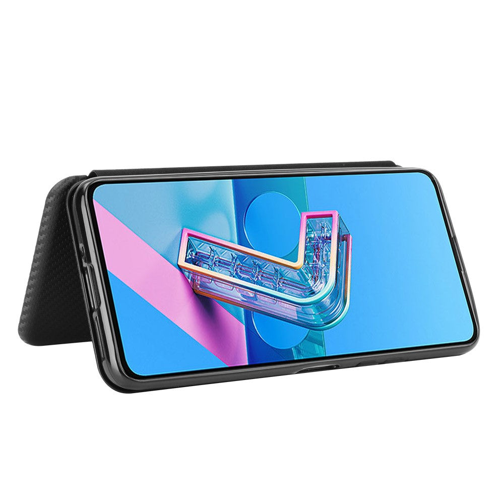 Självabsorberande läderfodral med stativ och kolfibertextur och kortplats för Asus Zenfone 7 ZS670KS/7 Pro ZS671KS