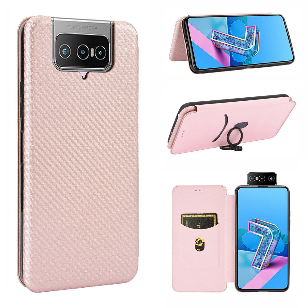 Självabsorberande läderfodral med stativ och kolfibertextur och kortplats för Asus Zenfone 7 ZS670KS/7 Pro ZS671KS