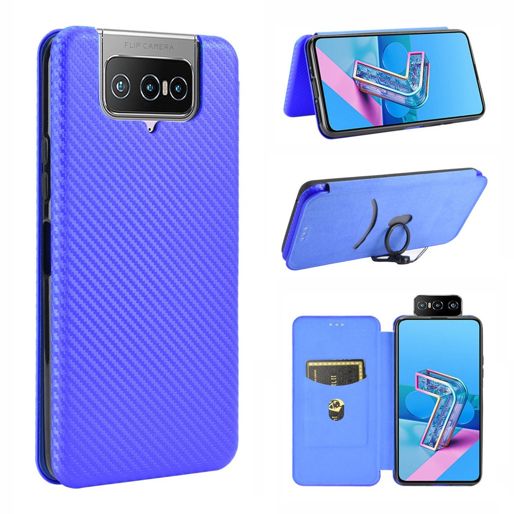 Självabsorberande läderfodral med stativ och kolfibertextur och kortplats för Asus Zenfone 7 ZS670KS/7 Pro ZS671KS