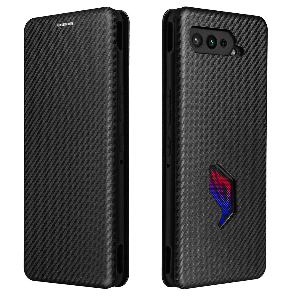 Mobiltelefonstativ cover med kulfibertekstur til Asus ROG Phone 5, automatisk absorberende lædercover
