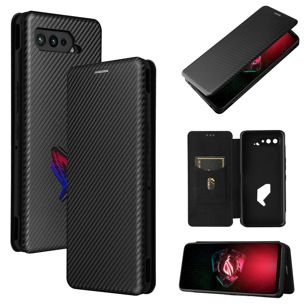 Mobiltelefonstativ cover med kulfibertekstur til Asus ROG Phone 5, automatisk absorberende lædercover