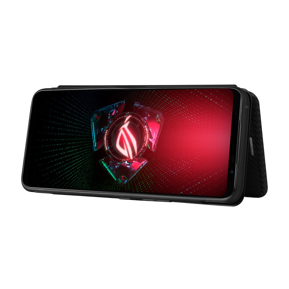 Mobiltelefonstativ cover med kulfibertekstur til Asus ROG Phone 5, automatisk absorberende lædercover