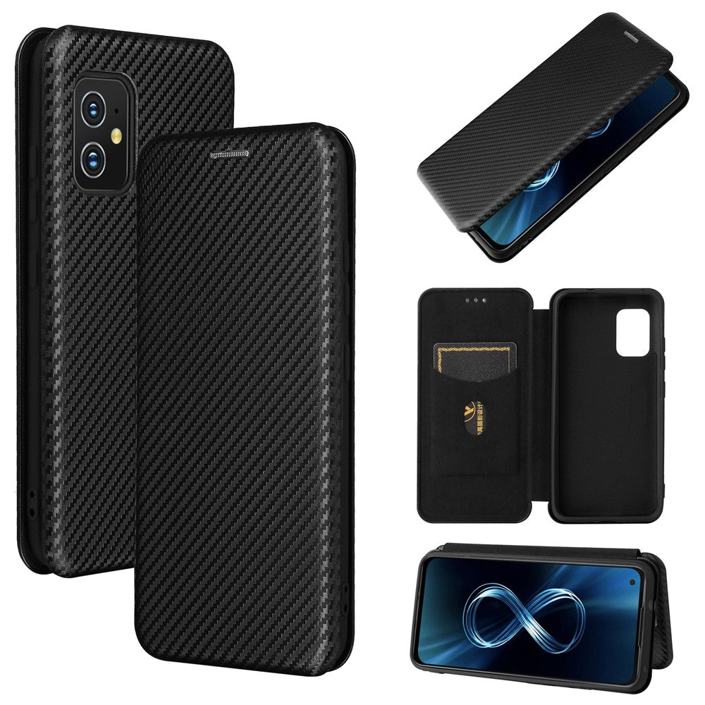 Carbon Fiber Texture Auto-absorbed Leather Cell Phone Case Shell with Card Holder for Asus Zenfone 8