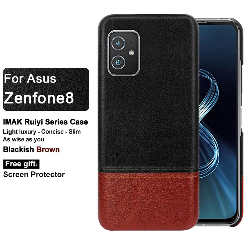 IMAK Ruiyi Series Bi-Color PU Leather Coated PC Cell Phone Back Case Shell with Screen Protector for Asus Zenfone 8 ZS590KS