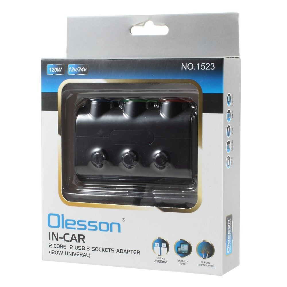 OLESSON 1523 120W Car Charger 2-USB Ports 3 Cigarette Lighter Sockets Charging Adapter