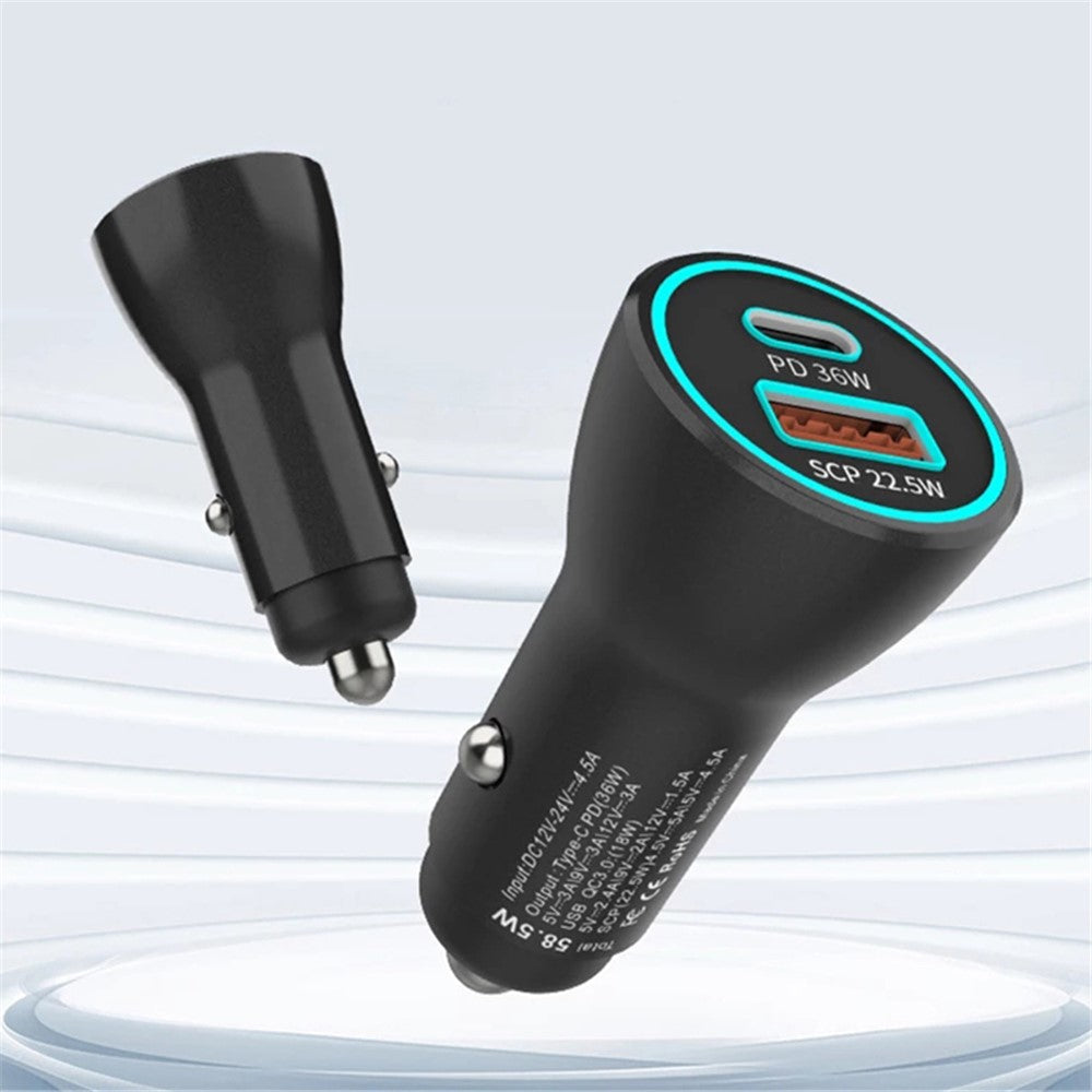 PD 36W+SCP 22.5W 2-ports hurtigopladende biloplader 58.5W maks. cigarettænderadapter til iPhone 12 Pro Max Huawei P40 Pro P30