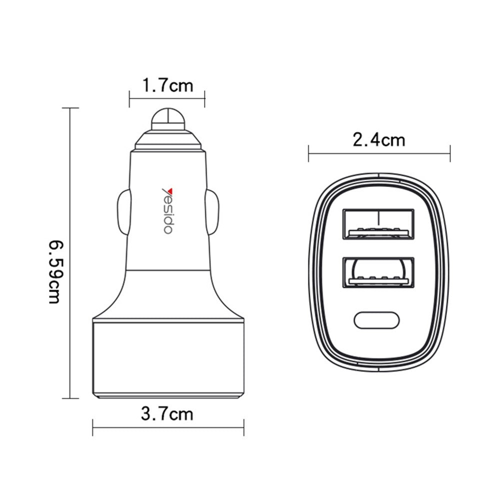 YESIDO Y47 3 Ports 49W Fast Charging Car Charger Type-C Phone Power Adapter