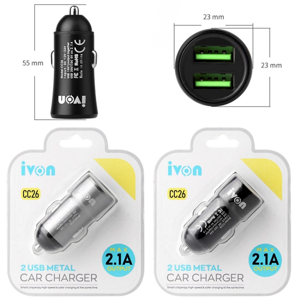 IVON CC26 5V 2.1A Dobbelt USB-port Hurtig Biloplader til Mobiltelefoner, Kameraer, Tablets, Laptops og Mere