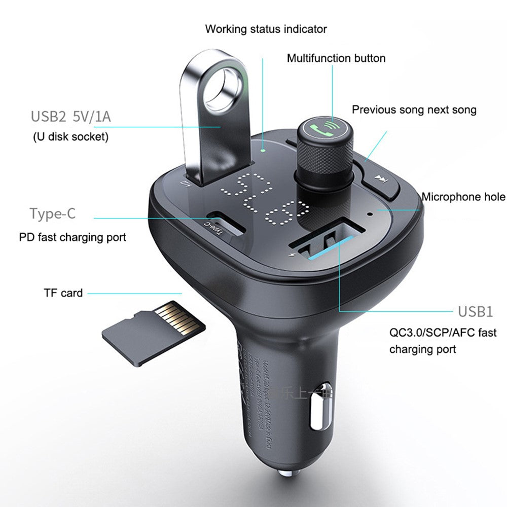 LOHEE S-21 Bluetooth-compatible Car Charger Adapter FM Transmitter QC3.0 USB Fast Charging Car Charger Support TF Card/U-disk/BT Music Player