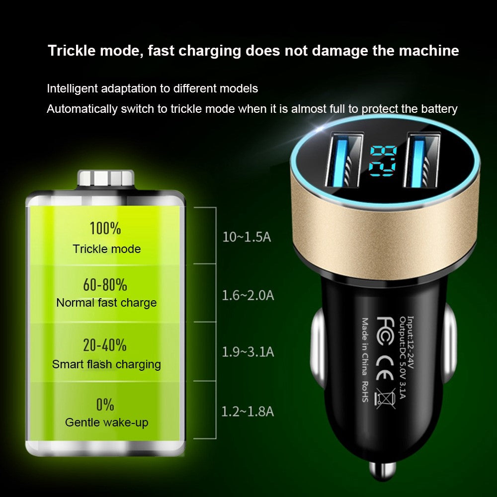 Dobbelt USB Biloplader LED Ringlys Design 5V 3.1A Hurtigoplader Universal Biltelefonoplader til Kameraer Tablets Laptops