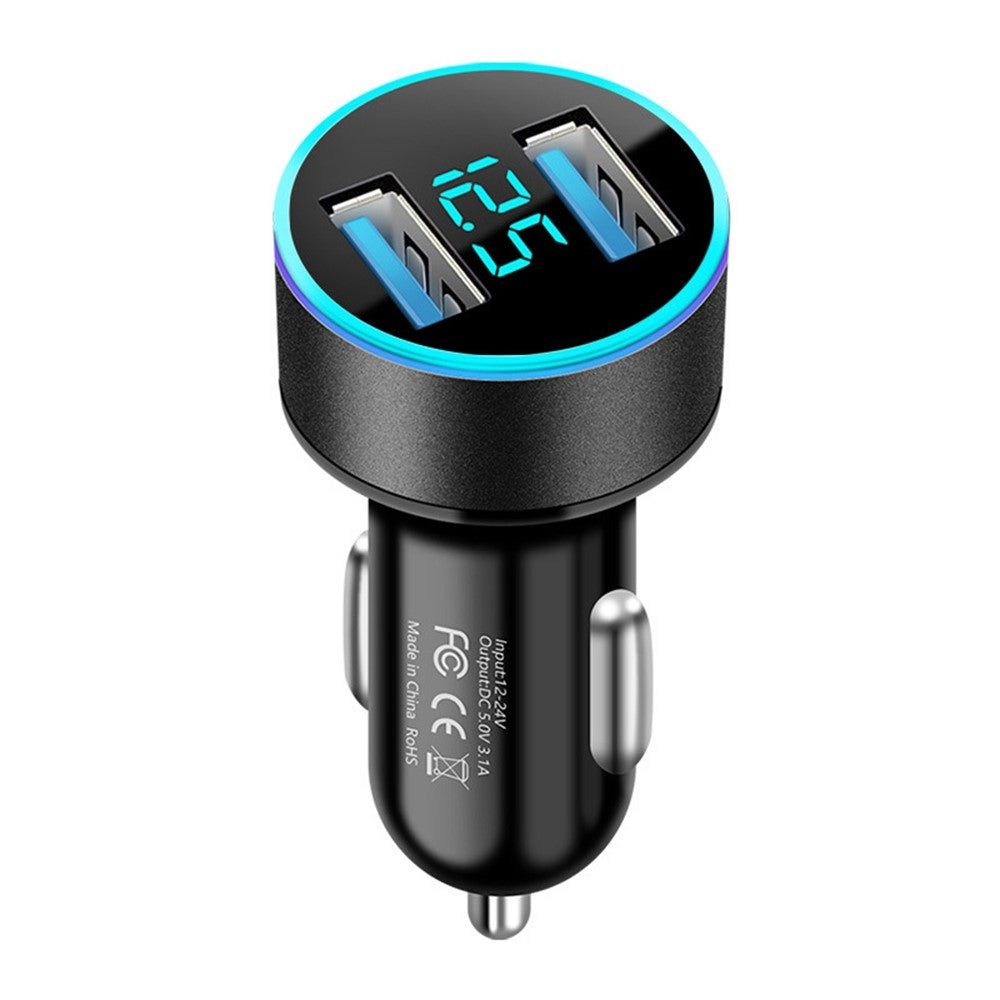 Dobbelt USB Biloplader LED Ringlys Design 5V 3.1A Hurtigoplader Universal Biltelefonoplader til Kameraer Tablets Laptops