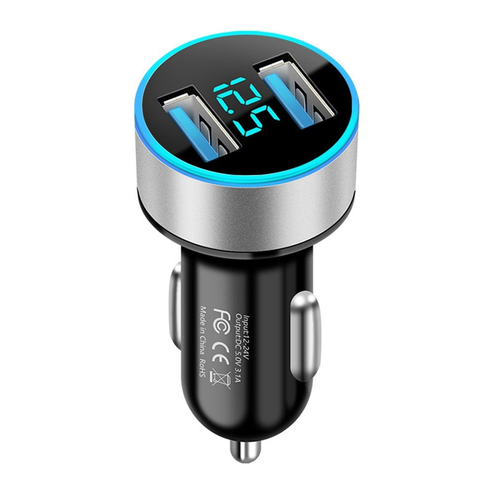 Dobbelt USB Biloplader LED Ringlys Design 5V 3.1A Hurtigoplader Universal Biltelefonoplader til Kameraer Tablets Laptops