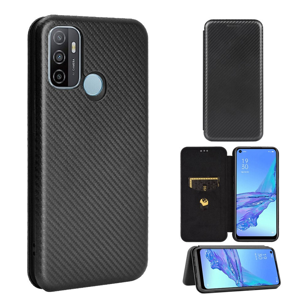 Kolfiber-absorberande läderfodral med kortplats för Oppo A53 (2020)/A32 (2020)