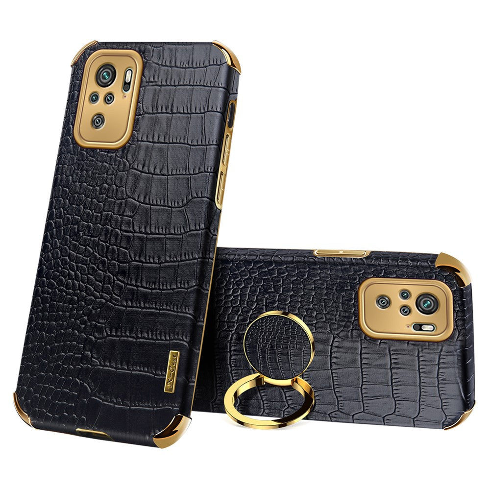 Electroplating Crocodile Texture PU Leather Coated TPU Precise Cutout Phone Cover with Ring Holder for Xiaomi Redmi Note 10 4G / Redmi Note 10S / Poco M5s 4G
