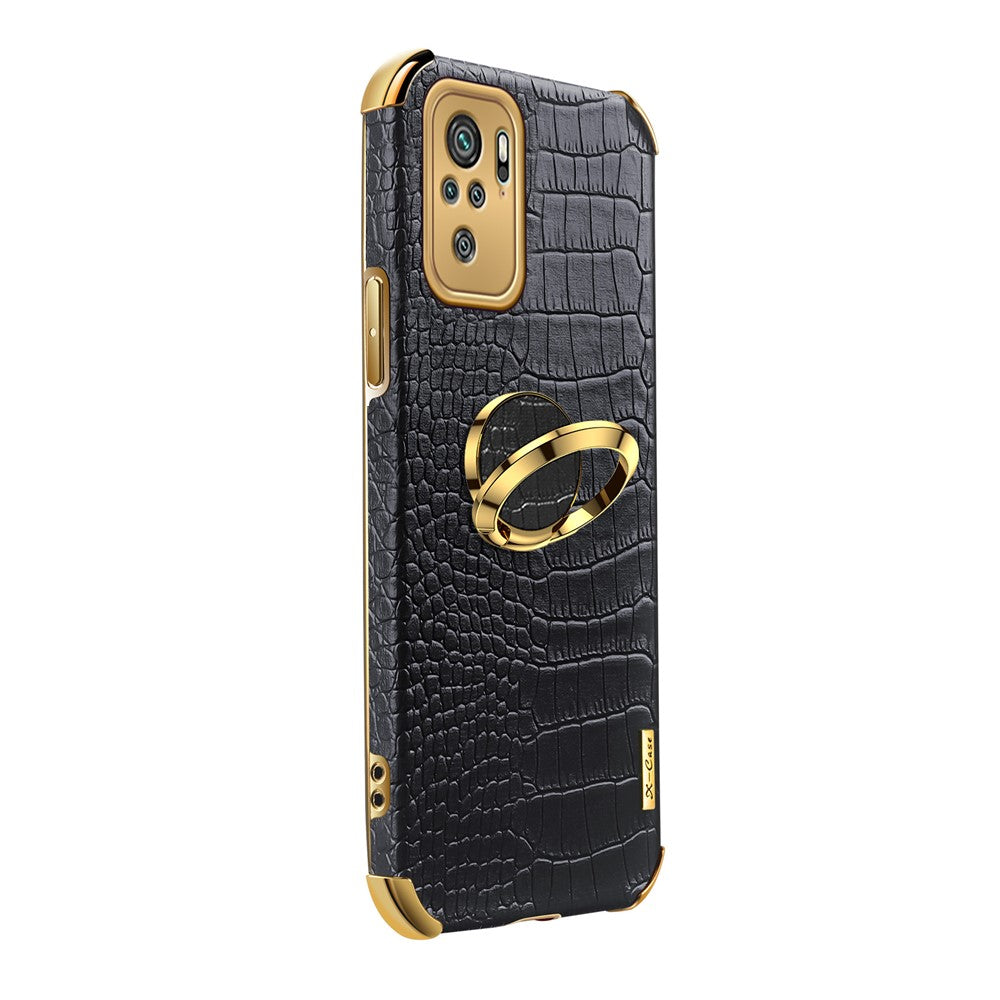 Electroplating Crocodile Texture PU Leather Coated TPU Precise Cutout Phone Cover with Ring Holder for Xiaomi Redmi Note 10 4G / Redmi Note 10S / Poco M5s 4G