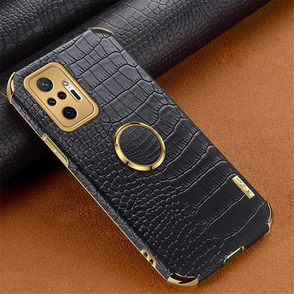 Electroplating Design Crocodile Texture PU Leather Coated TPU Precise Cutout Case Cover with Ring Holder for Xiaomi Redmi Note 10 Pro