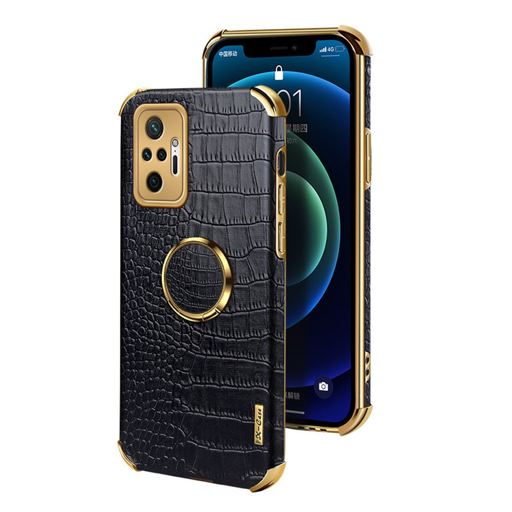 Electroplating Design Crocodile Texture PU Leather Coated TPU Precise Cutout Case Cover with Ring Holder for Xiaomi Redmi Note 10 Pro