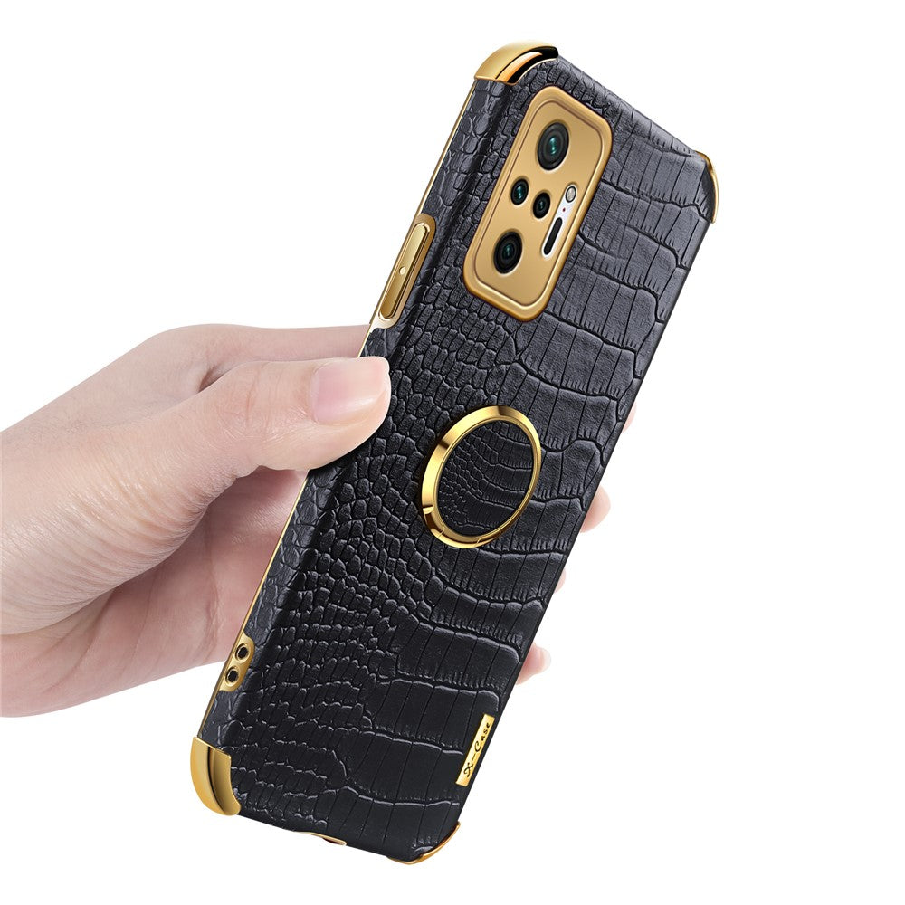 Electroplating Design Crocodile Texture PU Leather Coated TPU Precise Cutout Case Cover with Ring Holder for Xiaomi Redmi Note 10 Pro