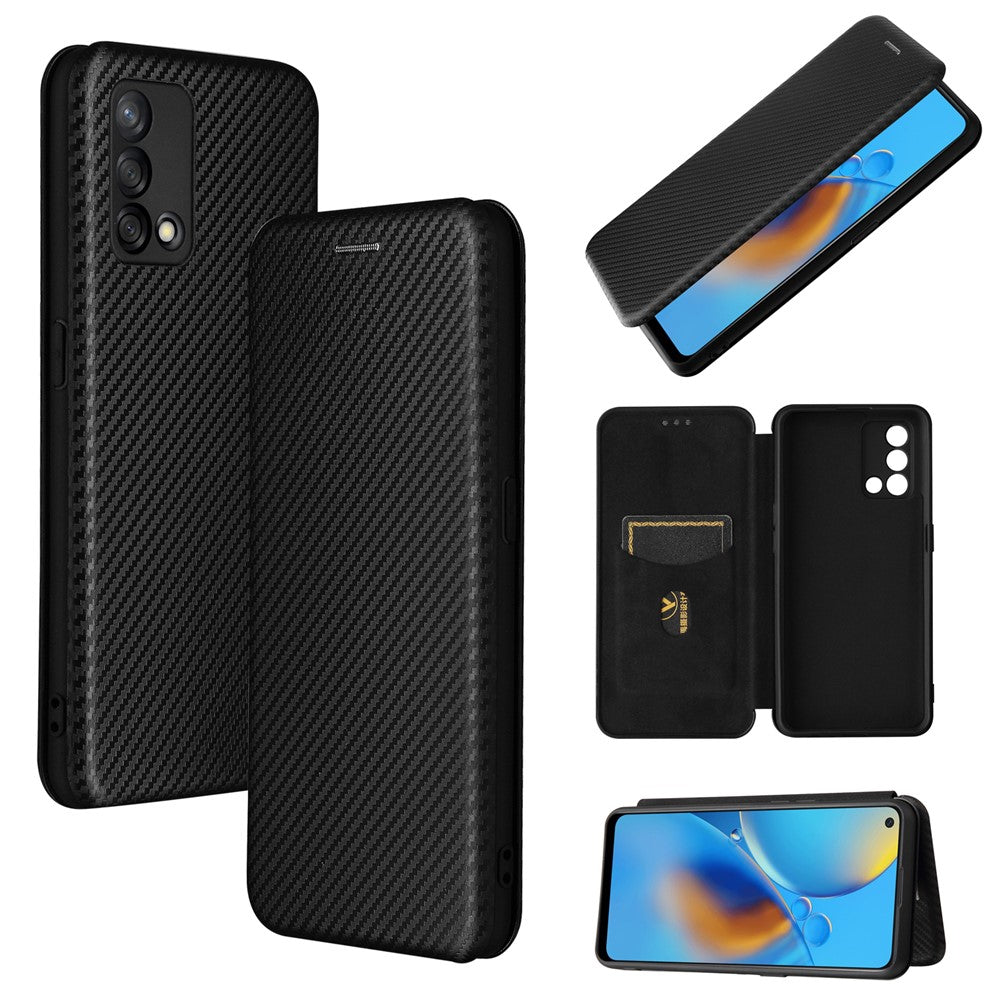 Auto-absorbed Carbon Fiber Texture Shock-proof Leather Case with Card Holder and Ring Strap for Oppo F19/A74 4G