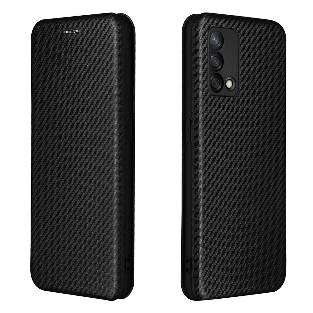 Auto-absorbed Carbon Fiber Texture Shock-proof Leather Case with Card Holder and Ring Strap for Oppo F19/A74 4G